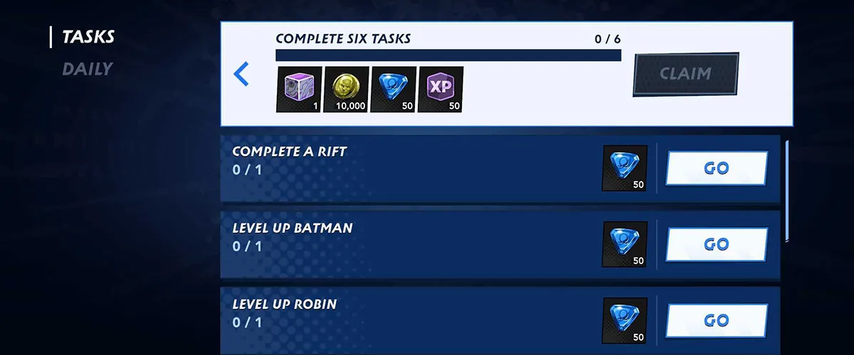 Updated Objectives screen - Tasks tab with the Complete Six Tasks reward track